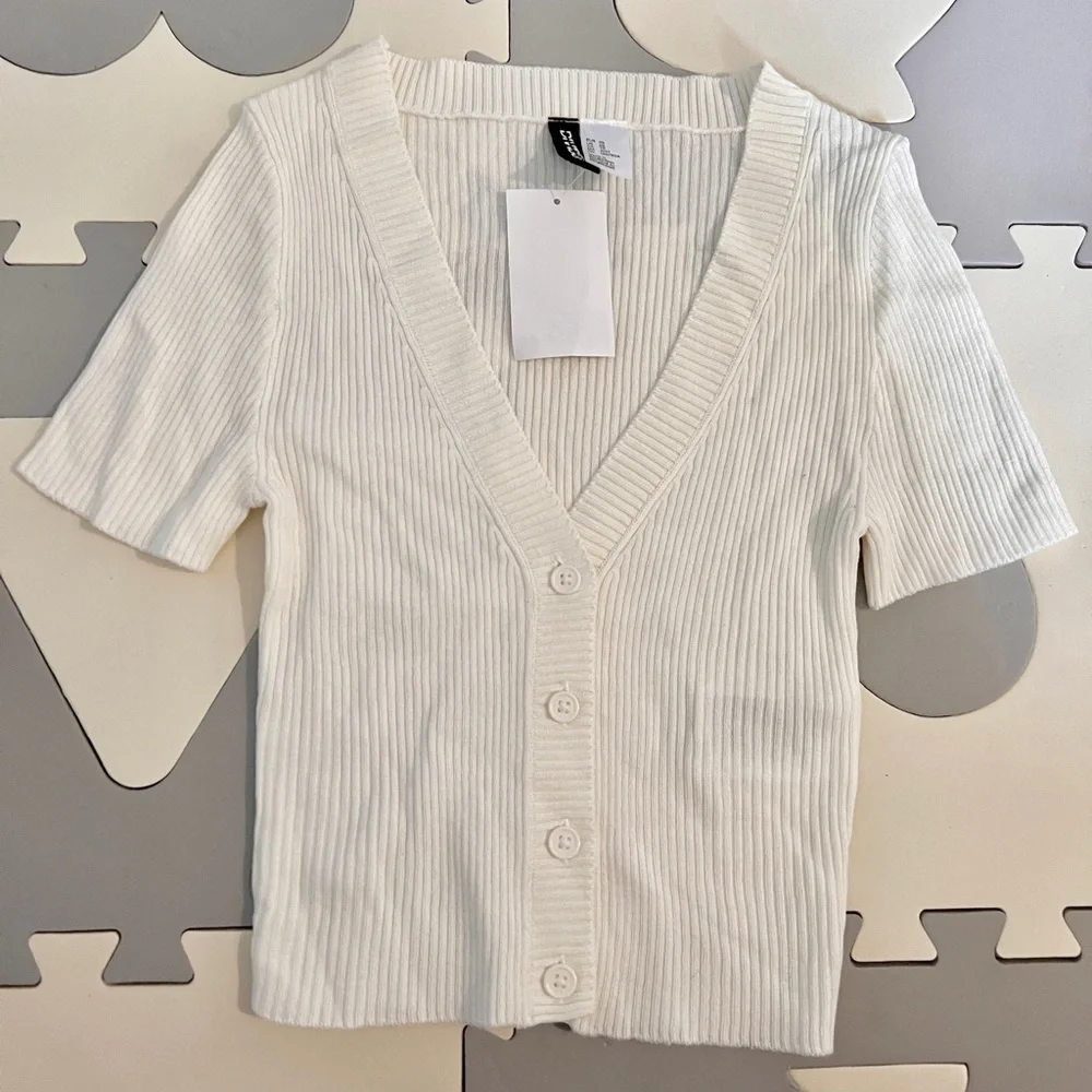 Fitted Rib-knit Top Button Front V Neck Crop Cardigan - Picture 8 of 9